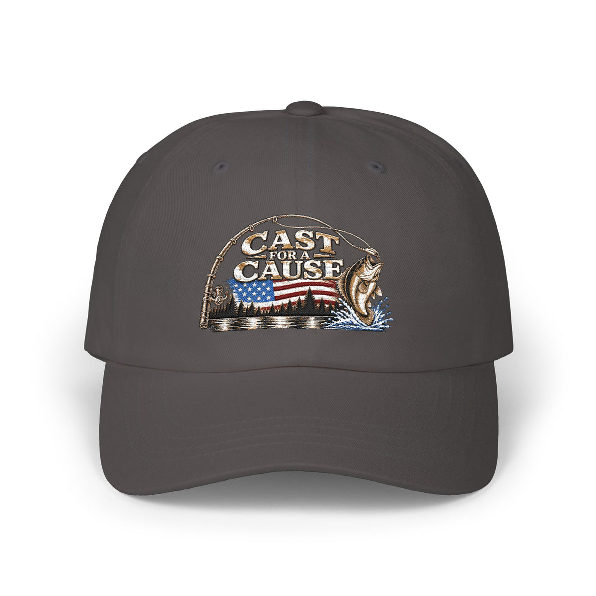 Cap — ‘Cast for a Cause’ Fishing Hat with American Flag Embroidery