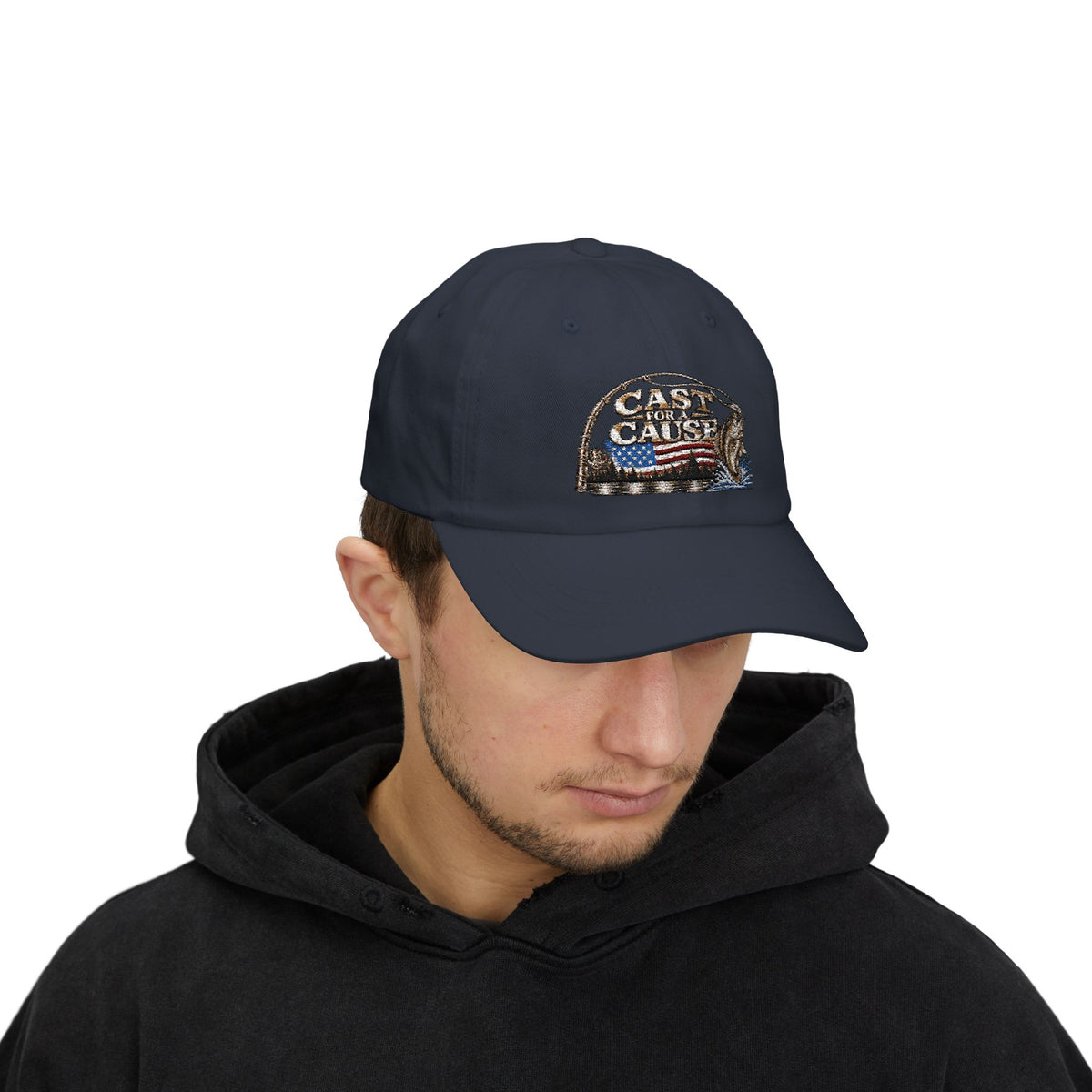Cap — ‘Cast for a Cause’ Fishing Hat with American Flag Embroidery