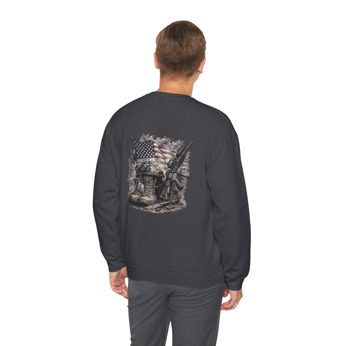 Crewneck Sweatshirt — American Flag Military Boots & Rifles Graphic (Save the Nation Sleeve)