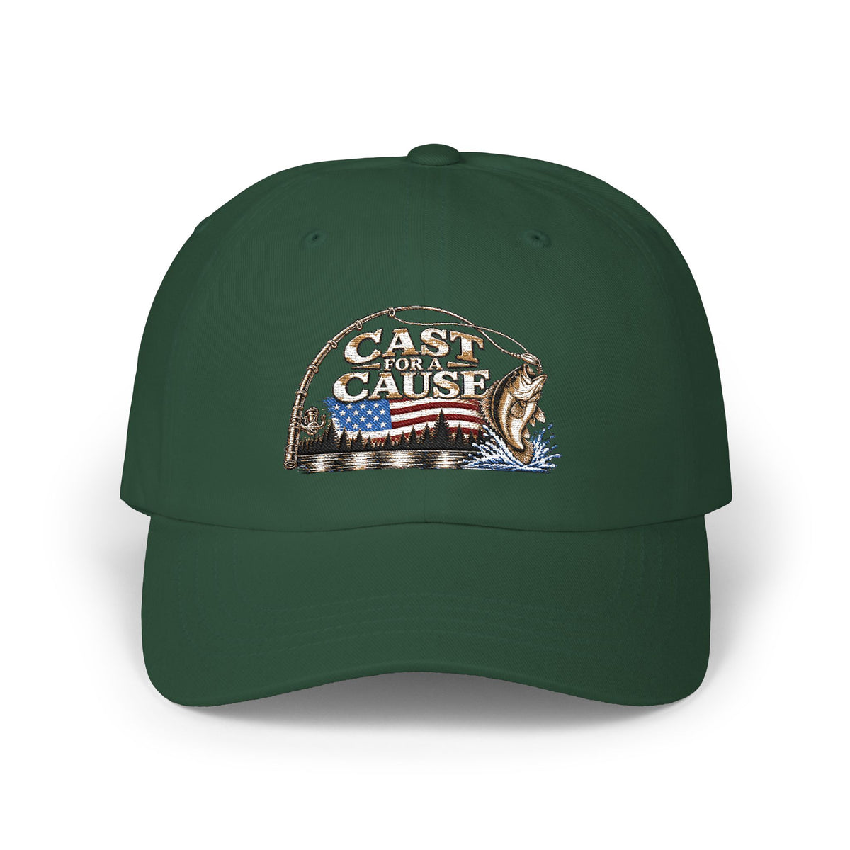 Cap — ‘Cast for a Cause’ Fishing Hat with American Flag Embroidery