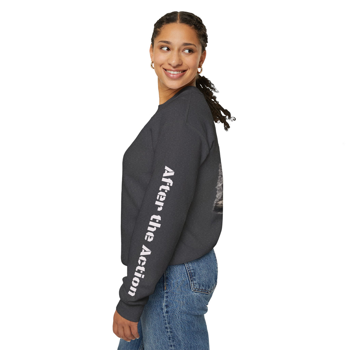 Crewneck Sweatshirt — American Flag Military Boots & Rifles Graphic (Save the Nation Sleeve)