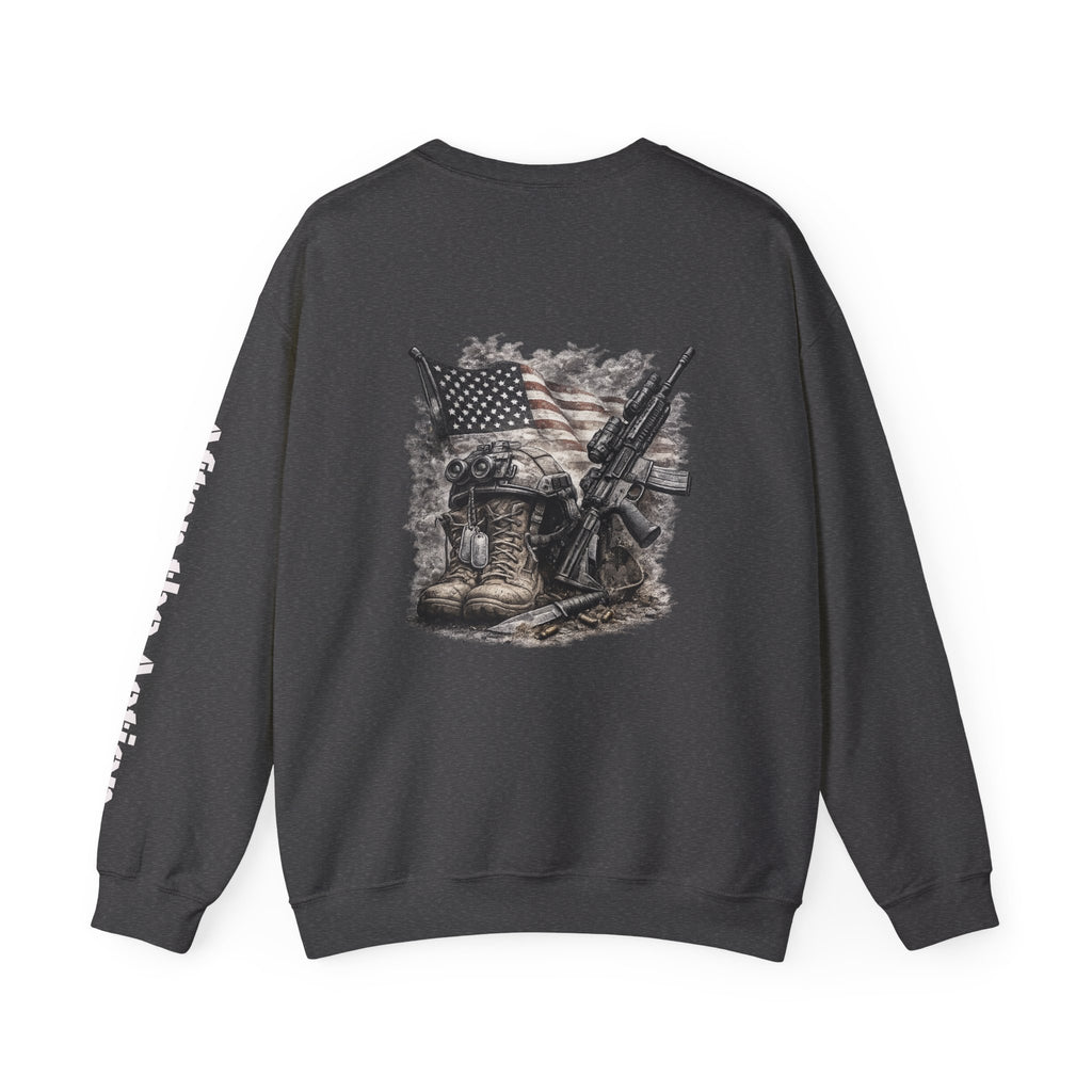Crewneck Sweatshirt — American Flag Military Boots & Rifles Graphic (Save the Nation Sleeve)