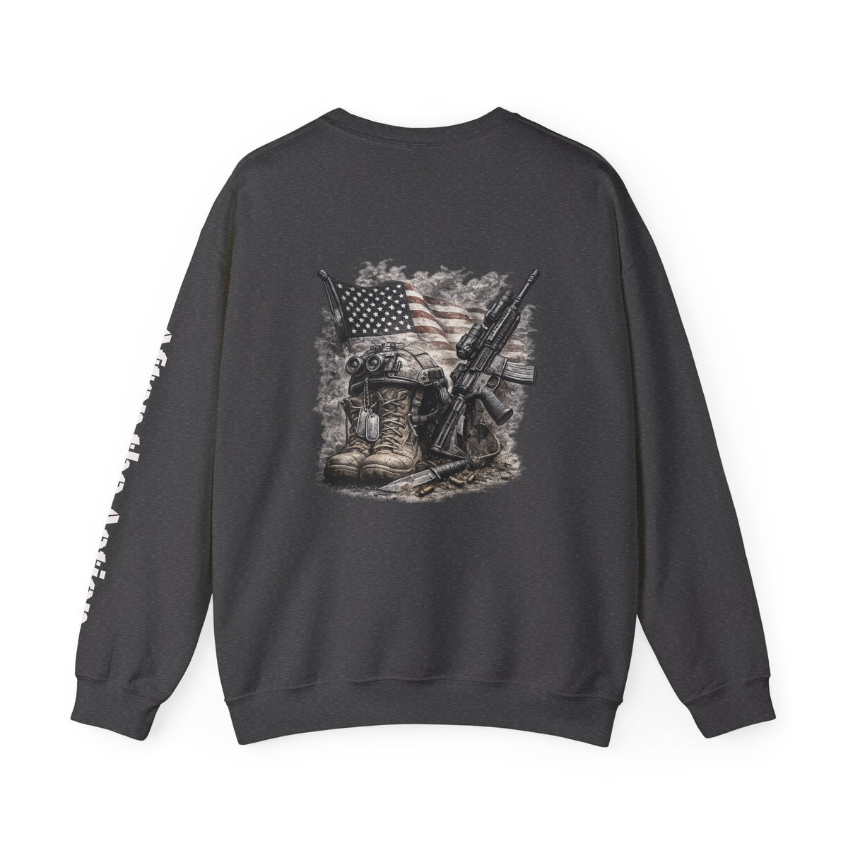 Crewneck Sweatshirt — American Flag Military Boots & Rifles Graphic (Save the Nation Sleeve)