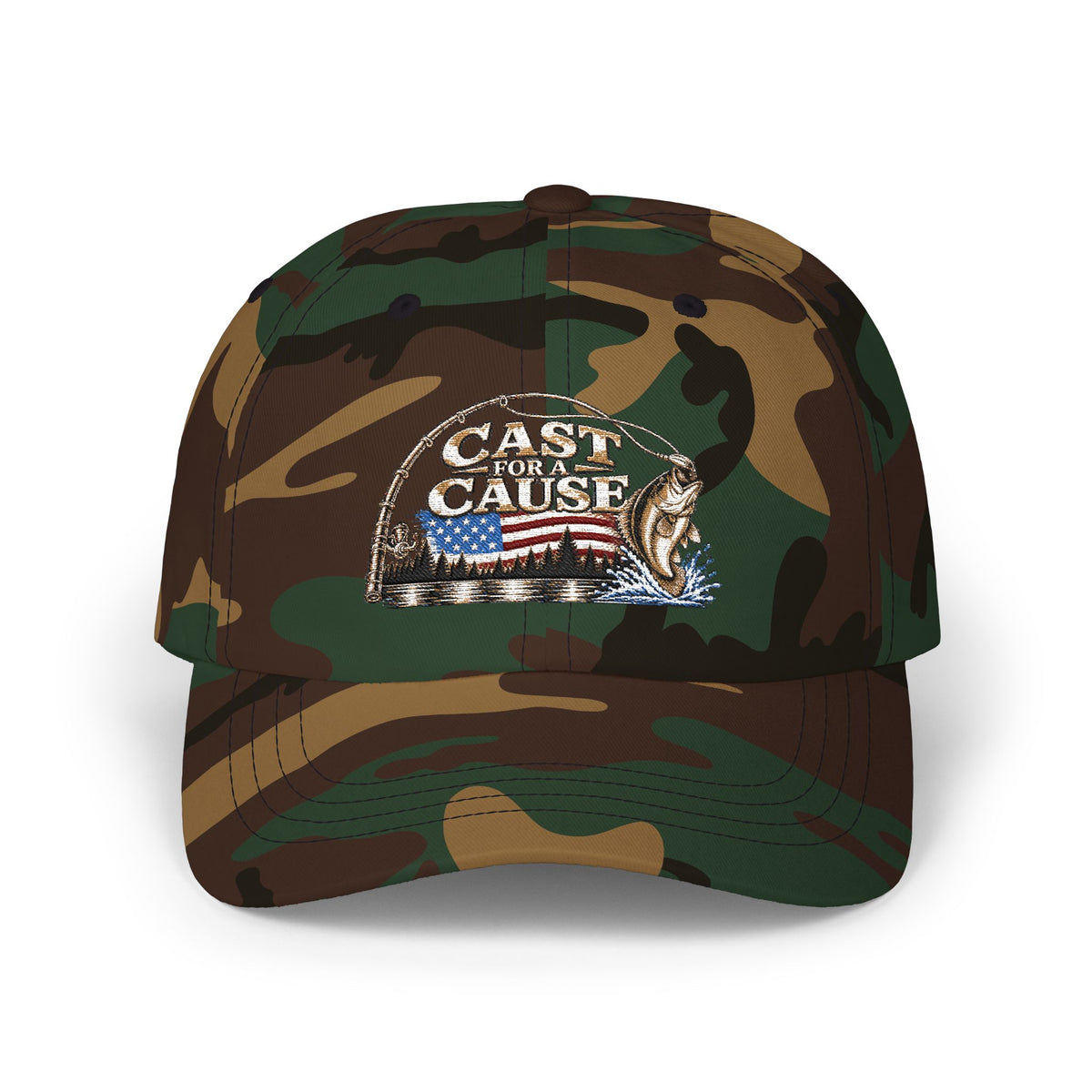 Cap — ‘Cast for a Cause’ Fishing Hat with American Flag Embroidery