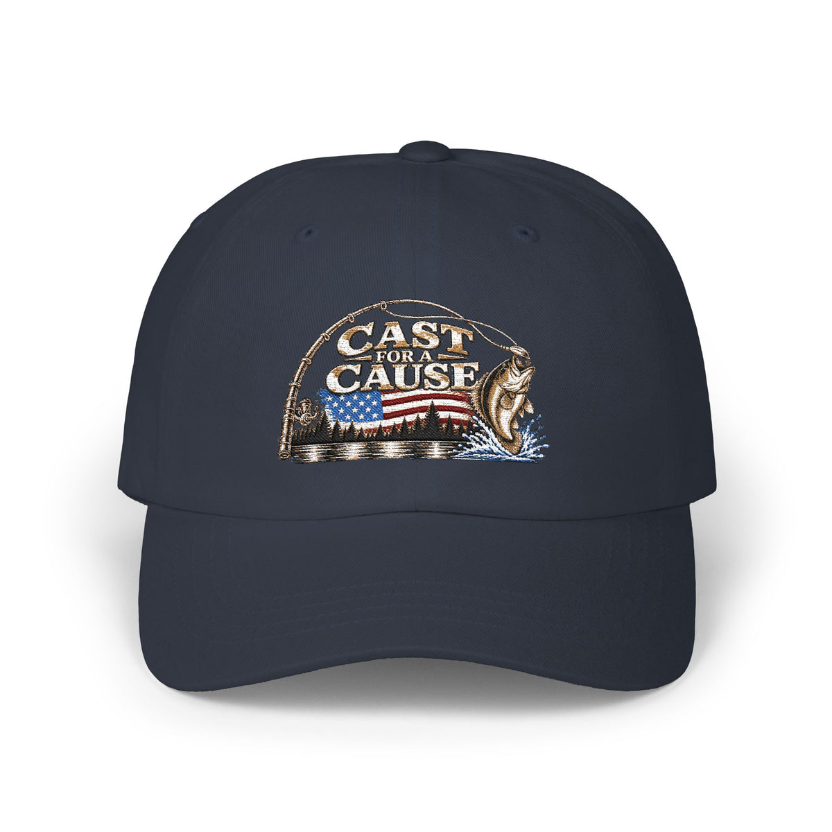 Cap — ‘Cast for a Cause’ Fishing Hat with American Flag Embroidery