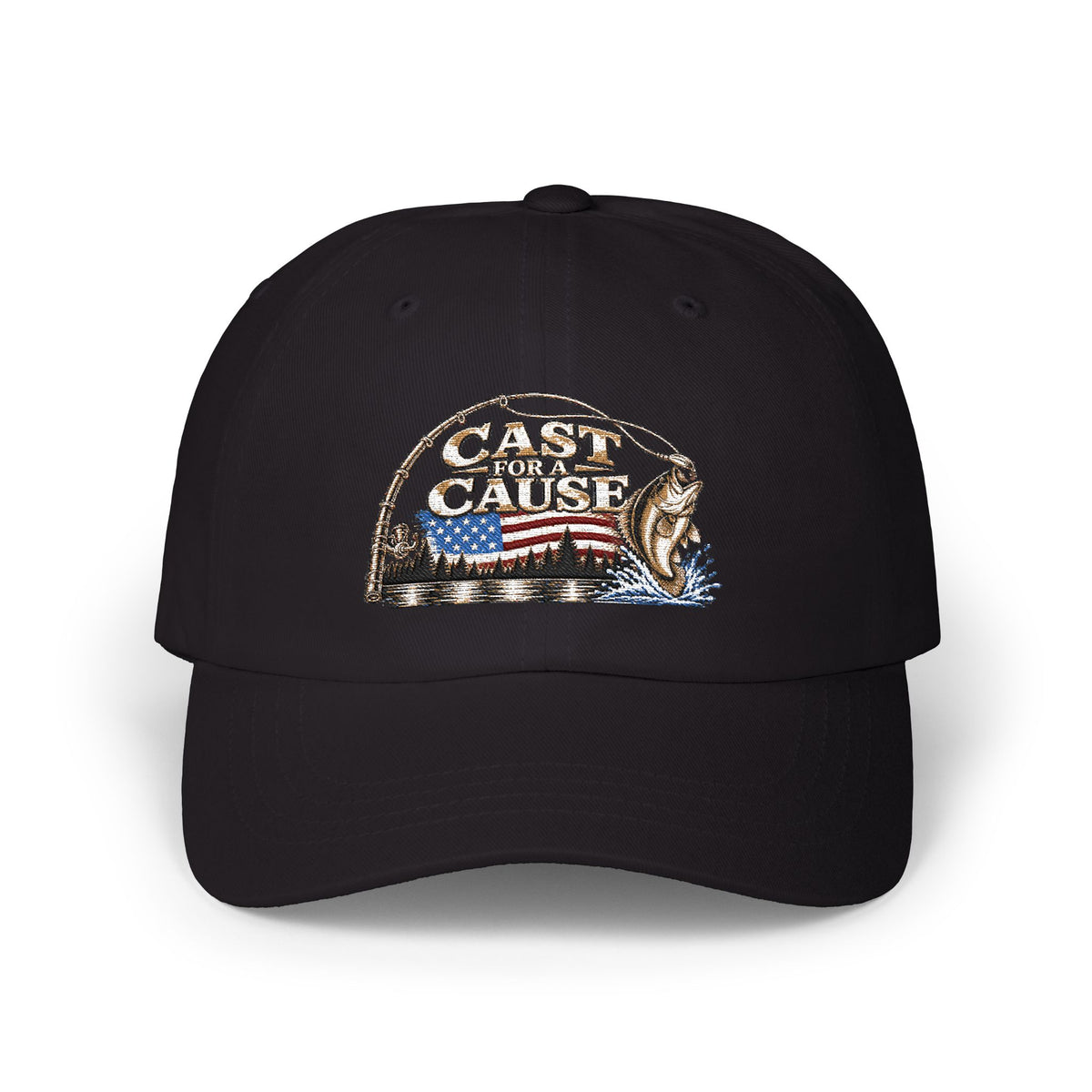 Cap — ‘Cast for a Cause’ Fishing Hat with American Flag Embroidery