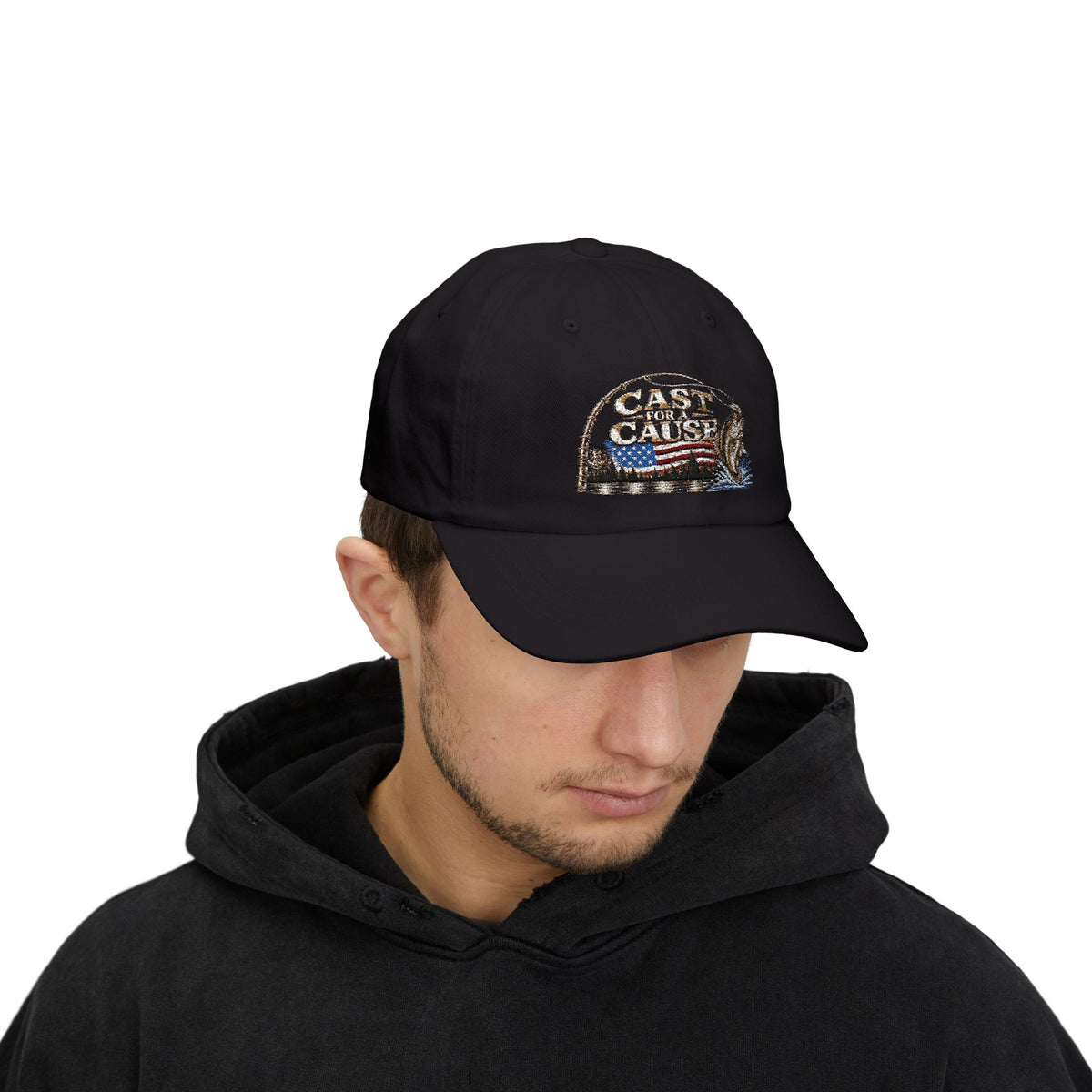 Cap — ‘Cast for a Cause’ Fishing Hat with American Flag Embroidery